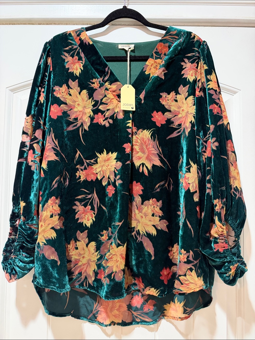 JODIFL Velvet Floral Tunic in Teal Green with Yellow and Coral Flowers